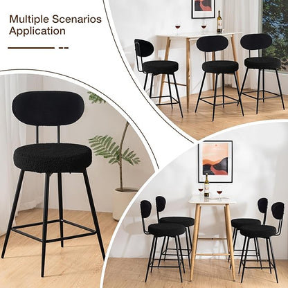 HOMMPA Counter Height Swivel Bar Stools Set of 4 Boucle Barstools 26'' Upholstered Modern Counter Barstools with Back Metal Legs Bar Stools Chairs for Kitchen Counter Island Black