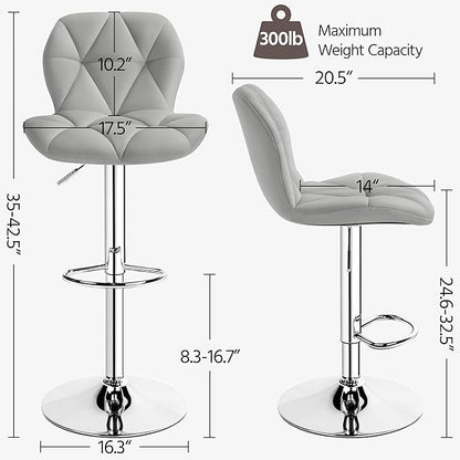 Yaheetech Grey Bar Stools Set of 2, PU Leather Bar Chairs with Backrest, Height Adjustable Swivel Island Stools for Bar, Kitchen Counter, Light Grey