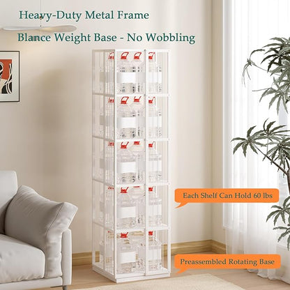 Square Rotating Bookshelf Tower - 360 Spinning Display Corner Bookcase for Narrow Space, Modern 5-Tier Revolving Storage Shelf, White