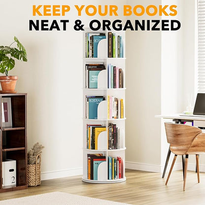 SpaceAid 5 Tier Rotating Bookshelf Tower, Spinning Bookcase Lazy Susan, Revolving 360 Book Shelf Storage Round Carousel, Vertical Rotate Turning Spiral Corner Organizer, White