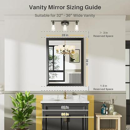 28x36 Inch Black Bathroom Mirror for Wall, Thick Metal Framed Rectangle Mirrors for Over Sink, Bedroom, Living Room, Entryway, Anti-Rust, HD Tempered Glass