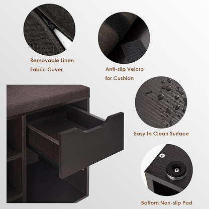 DINZI LVJ Shoe Bench,Entryway Storage Bench with Drawer and 8 Cubbies,Cubby Rack Adjustable Shelves,Shoe Organizer Cabinet for Living Room,Bedroom,Mudroom,Closet Garage,Espresso