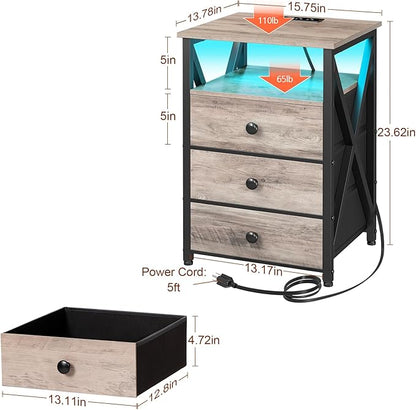 AMHANCIBLE LED Night Stand, Nightstand with Charging Station, Smart End Side Table with USB Port & Power Outlet, Bedside Table with 3 Fabric Drawers for Bedroom, Living Room, Greige HET053LGY1