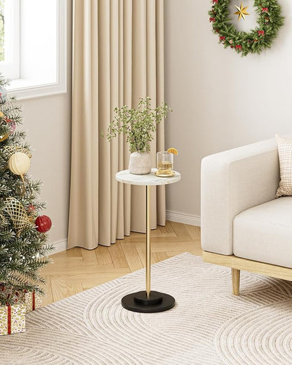 Round Side Table, Small Drink Table for Small Spaces, Modern Accent End Table Coffee Table with Metal Leg for Living Room, Bedroom, Corners, and Office (Marble)