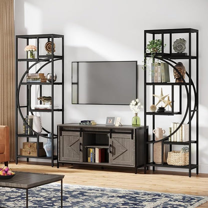 Geometric Bookshelf, 70.9" Tall Bookcase with 7-Shelf Open Shelves, Wood Metal Book Shelf Display Rack Storage Shelving Unit for Office, Bedroom, Living Room, Easy Assembly, Black