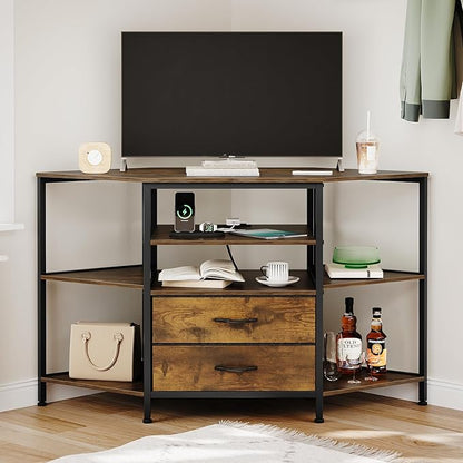 Corner TV Stand for 55 Inch TV, Farmhouse Entertainment Center with 2 Drawers Storage, Corner TV Console with Power Outlet, Retro Brown Media Console for Living Room, Brown