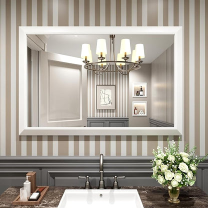 Amorho Bathroom Mirror, 48X32 Inch White Thick Metal Framed Wall Mirrors for Over 2 Sinks, Bedroom, Living Room, Entryway, Large Rectangle Wall-Mounted Mirrors.