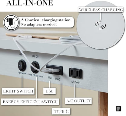 FENLO Future 39" Mid Century Modern Desk for Home Office, Office Desk with USB Charging Station, Wireless Charging, USB, USB-C Ports, White