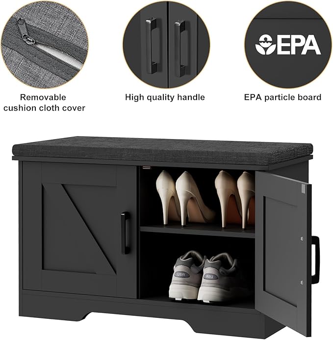 2-Tier Storage Bench, Shoe Bench with Padded Seat Cushion, Entryway Bench with 2 Barn Doors, Adjustable Shelf, 13.8" D x 27.6" W x 17.7" H, for Entryway, Living Room, Bedroom, Black