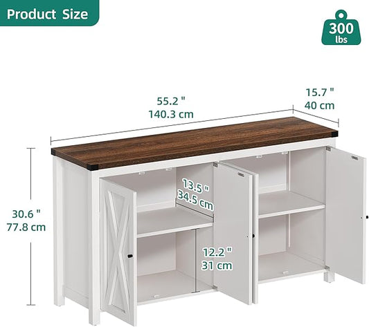 YITAHOME Farmhouse Sideboard Buffet Cabinet with Storage, 55'' Kitchen Storage Cabinet Coffee Bar Cabinets with Adjustable Shelf for Kitchen, Living Room, White