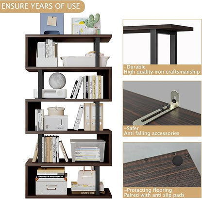 SORCEDAS Bookshelf Geometric Bookcase S Shaped Industrial Bookshelf Storage Display Stand Shelf for Living Room Bedroom and Office Room (Black, 5 Tier)