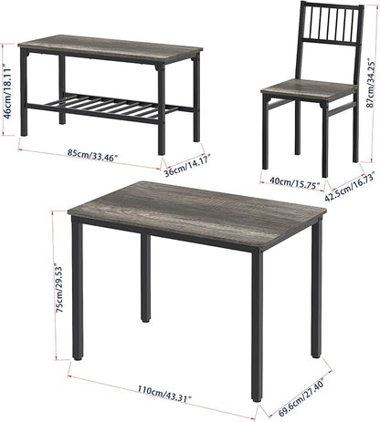 Teraves Dining Table Set for 4/Computer Desk,Kitchen Table with 2 Chairs and a Bench,Table and Chairs Dining Set 4 Piece Set for Dining Room (Black Oak+Black Frame, 110CM)