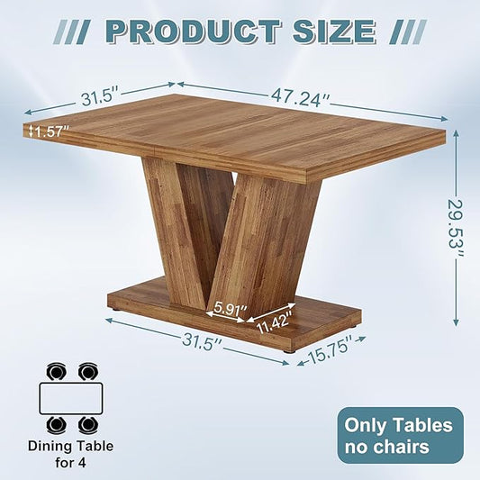 Dining Table for 4-6, 47" Farmhouse Dinner Table with with Wooden Tabletop and Heavy Duty Pedestal Wooden Rectangular Kitchen Tables for Dining Room, Kitchen, Living Room, Walnut Brown