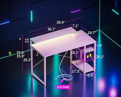 MOTPK 40 Inch Small Gaming Desk with Storage & Led Lights, Computer Desk with Power Outlet & Shelf, Reversible Gamer Desk with Adjustable Monitor Stand, Carbon Fiber Texture Pink