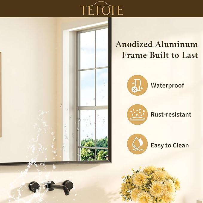 TETOTE Black Mirror for Bathroom Sink 30" x 36" Matte Black Beveled Metal Frame Bathroom Vanity Rectangle Mirror for Wall, Modern Farmhouse, Tempered Glass, Shatterproof, Stronger Frame