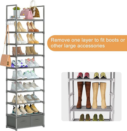 Shoe Rack, Sturdy Metal Shoes Rack Organizer,Narrow Shoe Rack,Shoe Racks for Closets,Shoes Rack,Shoe Stand,Shoe Shelf (10 Tier with 2 Boxes and 1 Hook)
