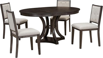 Ball & Cast Retro Dining Table Set for 4 with 4 Upholstered Chairs,5-Piece Wooden Living Room Furniture W/ 42" Round Extendable Kitchen Desk,for Small Space,Apartment,Dining Room,Espresso