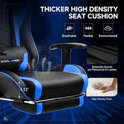GTPLAYER Gaming Chair with Bluetooth Speakers and Footrest, Ergonomic Gamer Chair with Reclining Backrest, 3D Armrests, Adjustable Seat Height, Computer Desk Chair for Adults (Blue)