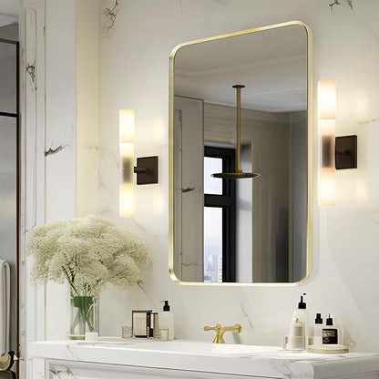 Wall Mount Mirror for Bathroom, Brushed Gold Metal Framed Rounded Corner Rectangular Vanity Mirror (16" x 20", Gold)