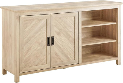 Walker Edison Modern Wood Grooved Buffet Sideboard with Open Storage-Entryway Serving Storage Cabinet Doors-Dining Room Console, 58 Inch, Birch