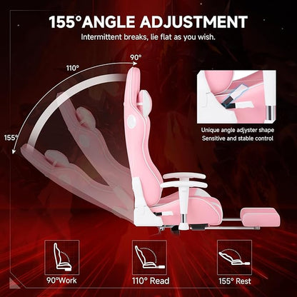 GTPLAYER Gaming Chair with Bluetooth Speakers and Footrest, Ergonomic Gamer Chair with Reclining Backrest, 3D Armrests, Adjustable Seat Height, Computer Desk Chair for Adults (Pink)