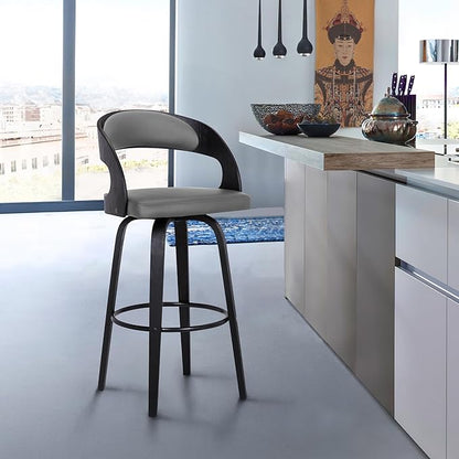 Armen Living Shelly 30" Bar Height Swivel Gray Faux Leather and Black Wood Bar Stool - Set of 2