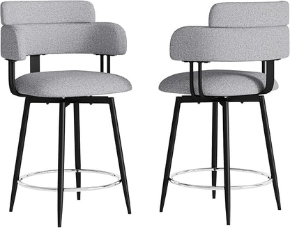 Swivel Bar Stools Set of 2, Counter Height Bar Stools with Ergonomic Full Back, Upholstered Linen Fabric Barstools with Chrome Metal Footrest for Kitchen Island, Dining Room