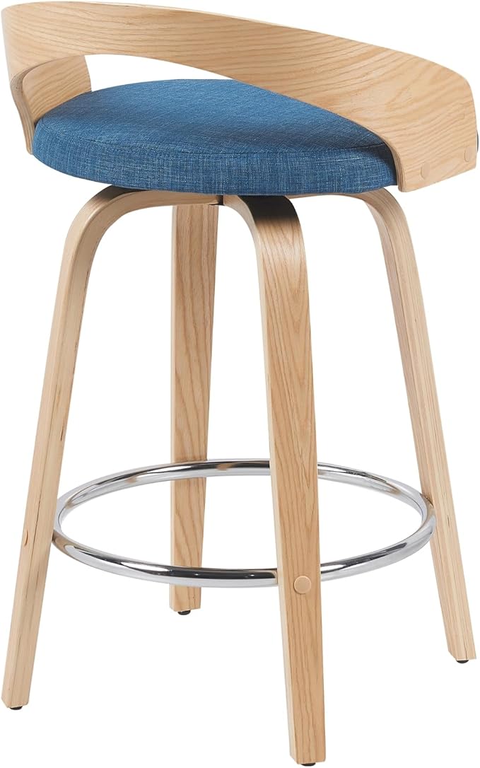 Sonia Modern Swivel Counter Height Bar Stool with Blue Upholstered Seat and Patterned Oak Wood Finish Set of 2