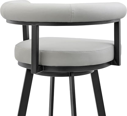 Armen Living Magnolia Swivel Bar Stool in Black Metal with Light Grey Faux Leather