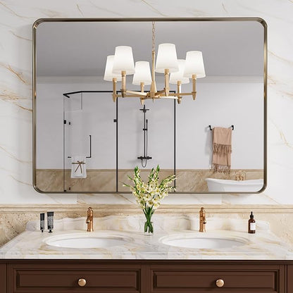 Bronze Bathroom Mirror 48x36 Inch, Brushed Bronze Metal Frame Mirror for Wall, Rounded Rectangle Bathroom Vanity Mirror with Tempered Glass, Anti-Rust, Horizontal/Vertical