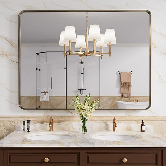 Bronze Bathroom Mirror 48x36 Inch, Brushed Bronze Metal Frame Mirror for Wall, Rounded Rectangle Bathroom Vanity Mirror with Tempered Glass, Anti-Rust, Horizontal/Vertical