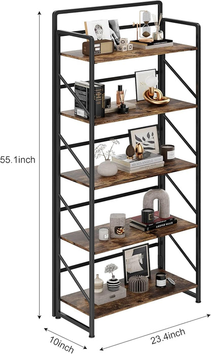 JSB Folding Bookshelf,Industrial Storage Shelves, No Assembly Vintage Wood Look Bookshelf with Storage Shelves for Living Room, Bedroom, Office (Fire Brown, 5-Tier)