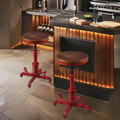 Topower Industrial Retro Vintage Farm Wooden Seat Tractor Stool Kitchen Swivel Height Adjustable bar Stool Antique Red