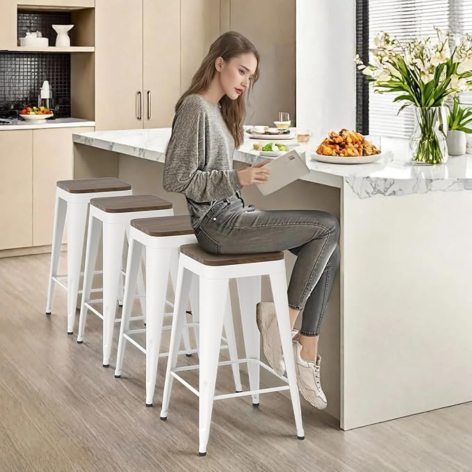 26 inch Backless Bar Stools Set of 4, Indoor Metal Bar Stools with Wood Seat, Industrial Counter Height Barstools for Kitchen Island, White