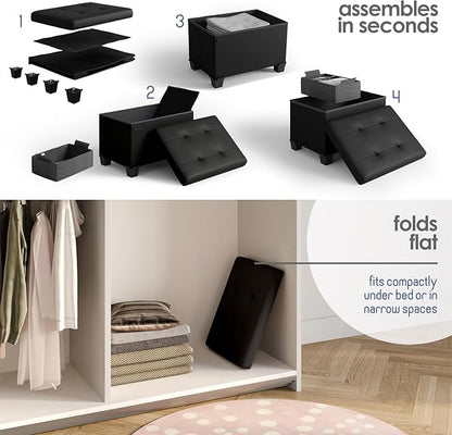 STORAGEBUD Storage Ottoman Cube with Small Bin, 16-in Square Ottoman with Storage for Living Room and Bedroom, Small Ottomans Foot Rest, Faux Leather Foot Stools Ottomans Max 330lbs, Black