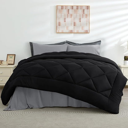 HEVUMYI Full Comforter Set - 7-Piece All Season Bed in a Bag Full, Ultra Soft Bedding Set with Comforter, Flat Sheet, Fitted Sheet, Pillowcases, Pillow Shams, Black & Light Grey
