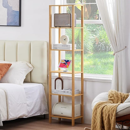 54in Tall Bookshelf 5-Tier Small Narrow Bookcase, Skinny Book Shelf for Small Space, Farmhouse Slim Shelf with Storage, Wood Freestanding Display Thin Bookshelves for Living Room, Natural