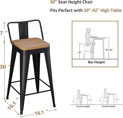 WENTMENT Bar Stools Set of 4 Counter Height Metal Barstools with Removable Back 30" Kitchen Bar Stools with Wooden Seat, Black