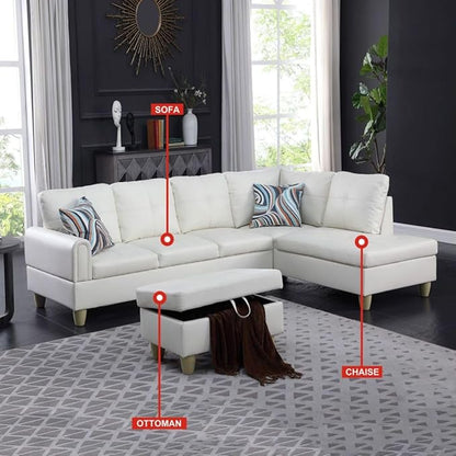 White L-Shaped 3-Piece Faux Leather Sofa with Storage Ottoman Set, Sectional Couch Sofa Set for Living Room, Office, Small Space