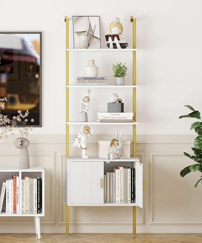 Yusong 73" Tall Bookshelf with Cabinet, Industrial Ladder Wall Mount Shelf Bookcase with Wood and Metal Frame, Plant Shelf Wall Storage Display for Living Room Bedroom, White Gold