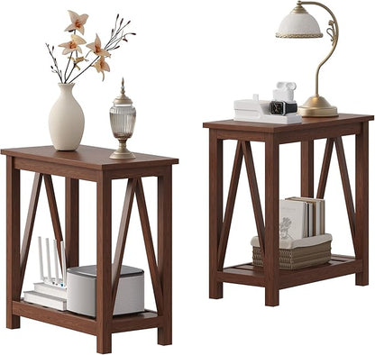 ChooChoo Farmhouse End Table Set of 2, Rustic Vintage Narrow End Side Table with Storage Shelf for Small Spaces, Nightstand Sofa Table for Living Room, Bedroom Walnut