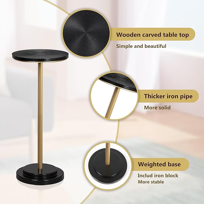 Drink Table Set of 2, Small Round Pedestal Side Table with Carved Top for Living Room, Bedroom, Small Space, Corners and Office, Gold and Black