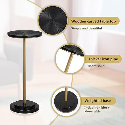 Drink Table Set of 2, Small Round Pedestal Side Table with Carved Top for Living Room, Bedroom, Small Space, Corners and Office, Gold and Black