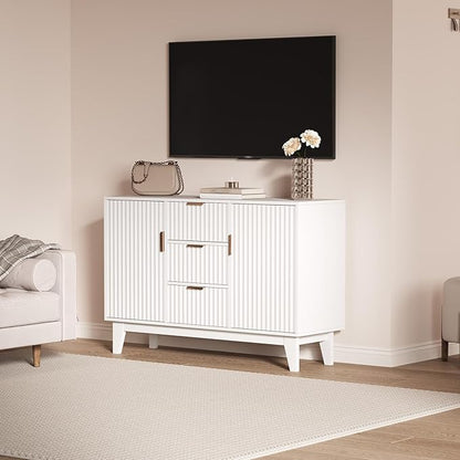 Garvee 47.2" Fluted Buffet Cabinets with Storage, Sideboard Storage Cabinet with 3 Drawers and 2 Doors, Modern Mid Century TV Stand Coffee Bar Furniture for Living Room, Kitchen, Entryway- White