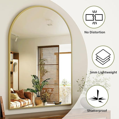 Arch Bathroom Mirror, 26x38 inch Arched Bathroom Mirror/Wall Mounted Vanity Mirror - Arch Metal Frame Wall Mirror for Bathroom Bedroom Living Room, Gold