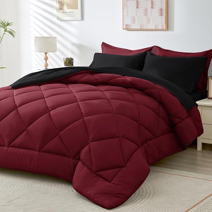 HEVUMYI Red & Black Twin Comforter Set - 5-Piece All Season Bed in a Bag Twin, Ultra Soft Burgundy Bedding Set with Comforter, Flat Sheet, Fitted Sheet, Pillowcases, Pillow Shams, Burgundy Red & Black