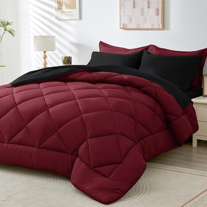 HEVUMYI Red & Black Twin-XL Comforter Set - 5-Piece All Season Bed in a Bag Twin-XL, Ultra Soft Bedding Set with Burgundy Comforter, Flat Sheet, Fitted Sheet, Pillowcases, Pillow Shams