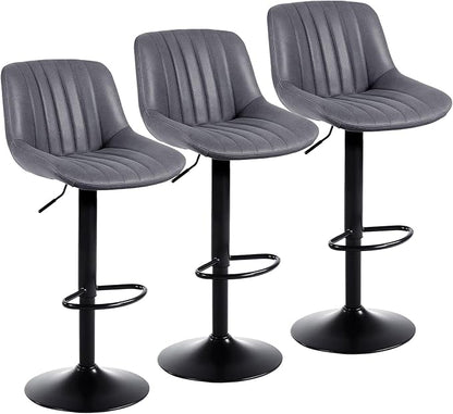 Bar Stools Set of 3, Swivel Counter Height Barstools with Back, Adjustable PU Leather Bar Chairs, Modern Armless Kitchen Island Stool, Dark Grey