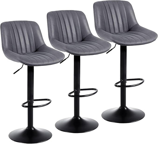 Bar Stools Set of 3, Swivel Counter Height Barstools with Back, Adjustable PU Leather Bar Chairs, Modern Armless Kitchen Island Stool, Dark Grey