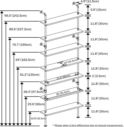 7 Tier Industrial Ladder Shelf Bookcase, Wall Mounted Rustic Bookshelf for Living Room Decor and Storage (Walnut Color, 7 Tier - 10" D x 36" W x 95.5" H)